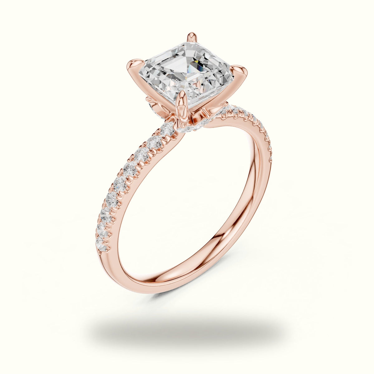 Asscher Cross-Over Hidden Halo Pavé Engagement Ring — Rose gold, view 2 | Crystal N Cuts