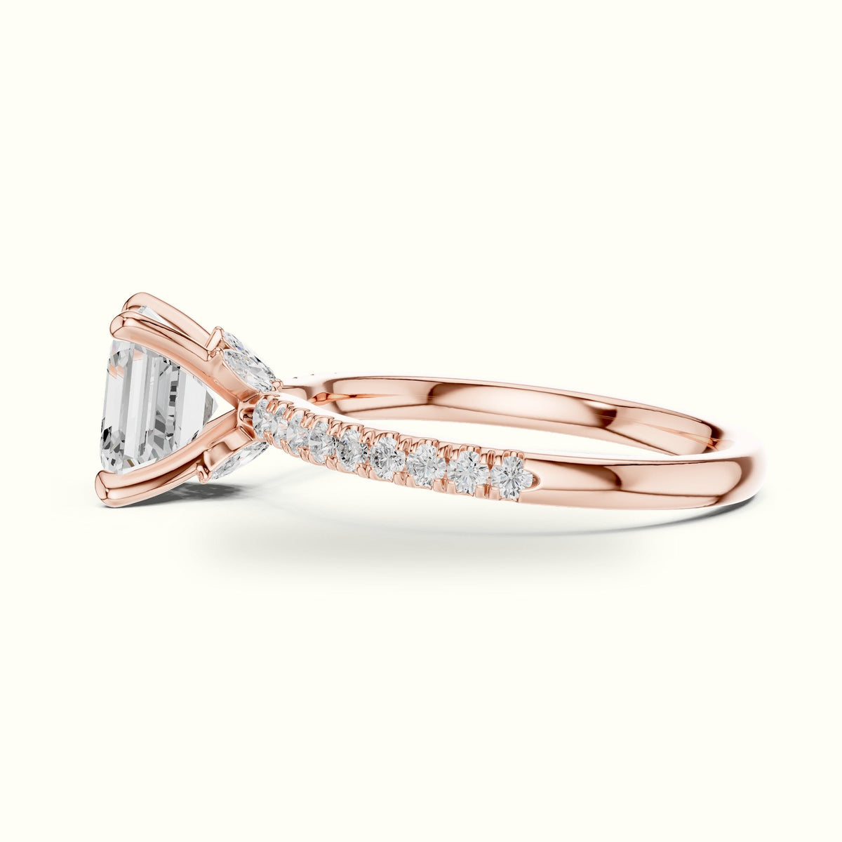 Asscher Cross-Over Hidden Halo Pavé Engagement Ring — Rose gold, view 3 | Crystal N Cuts