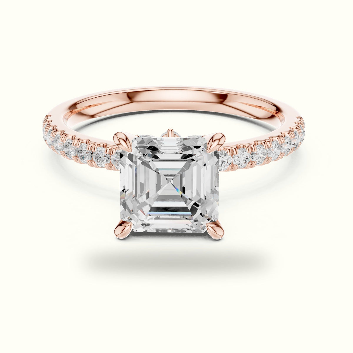 Asscher Cross-Over Hidden Halo Pavé Engagement Ring — Rose gold, front view | Crystal N Cuts