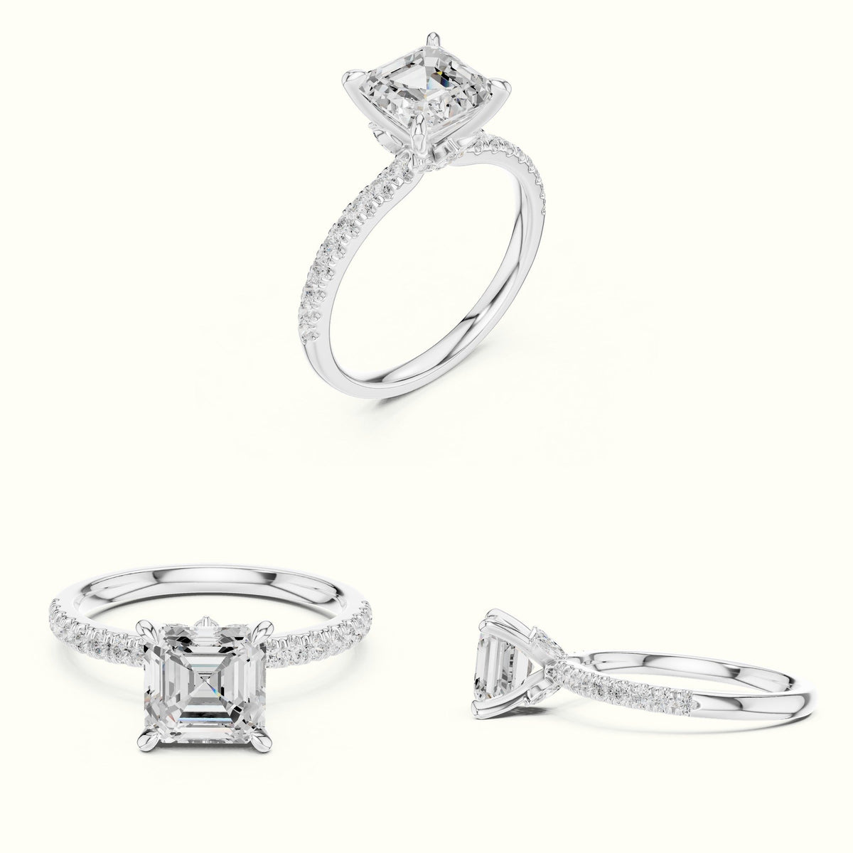 Asscher Cross-Over Hidden Halo Pavé Engagement Ring — White gold, on the hand | Crystal N Cuts