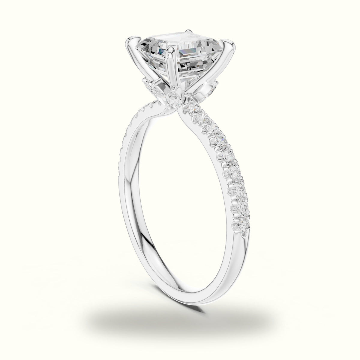 Asscher Cross-Over Hidden Halo Pavé Engagement Ring — White gold, view 1 | Crystal N Cuts