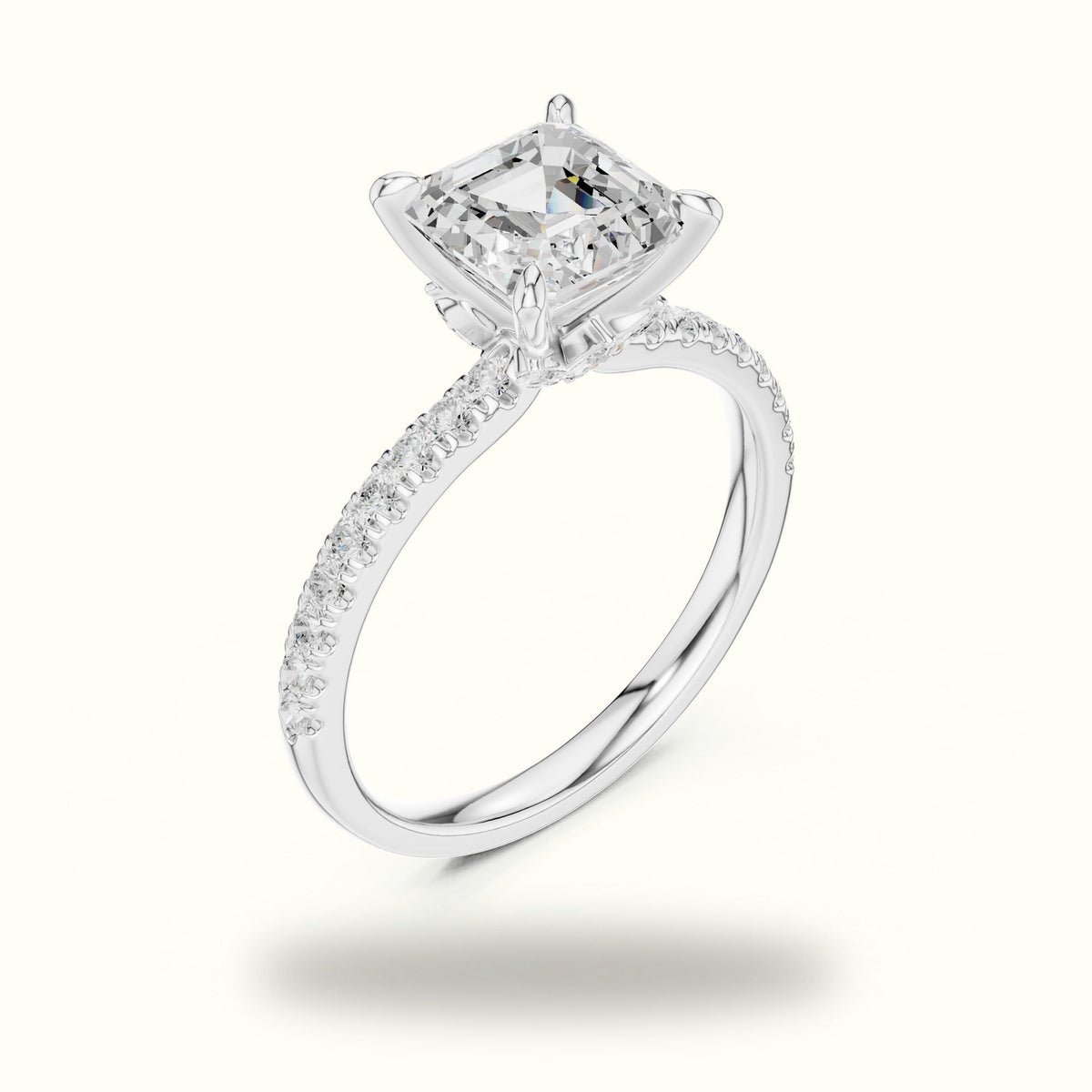 Asscher Cross-Over Hidden Halo Pavé Engagement Ring — White gold, view 2 | Crystal N Cuts