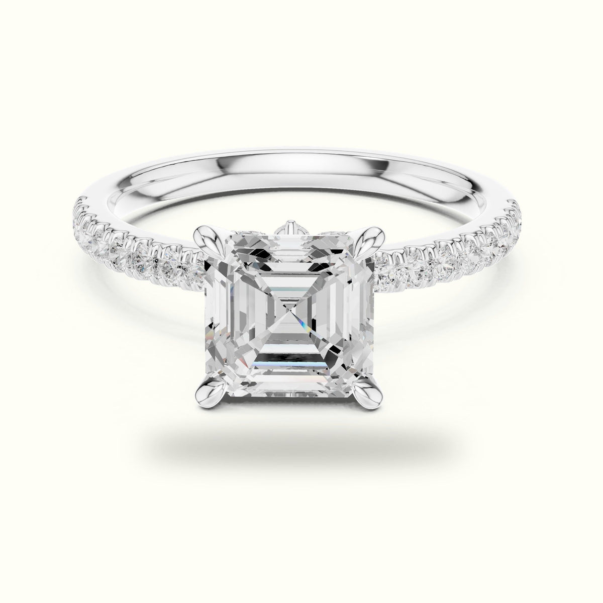 Asscher Cross-Over Hidden Halo Pavé Engagement Ring — White gold, front view | Crystal N Cuts