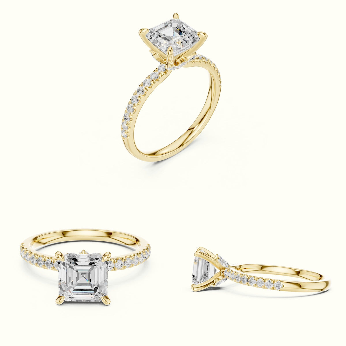 Asscher Cross-Over Hidden Halo Pavé Engagement Ring — Yellow gold, on the hand | Crystal N Cuts