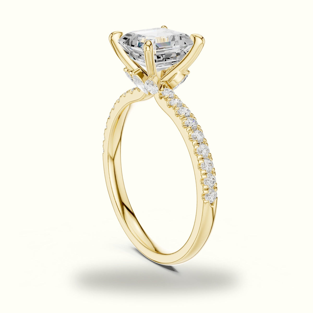 Asscher Cross-Over Hidden Halo Pavé Engagement Ring — Yellow gold, view 1 | Crystal N Cuts
