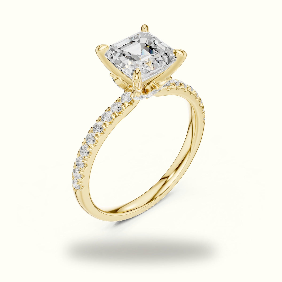 Asscher Cross-Over Hidden Halo Pavé Engagement Ring — Yellow gold, view 2 | Crystal N Cuts
