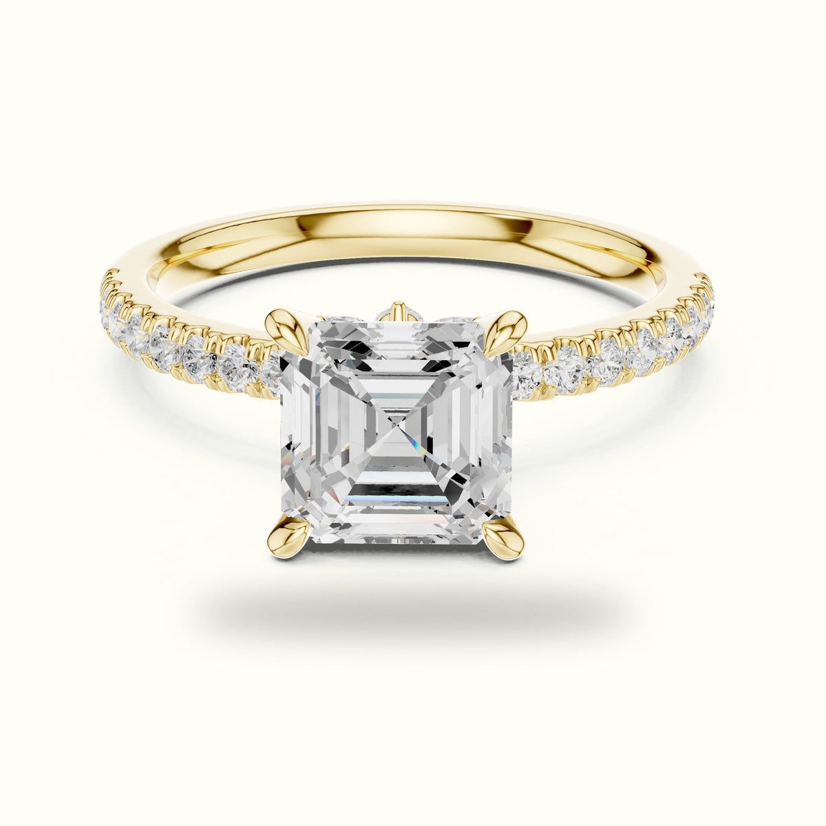 Asscher Cross-Over Hidden Halo Pavé Engagement Ring — Yellow gold, front view | Crystal N Cuts