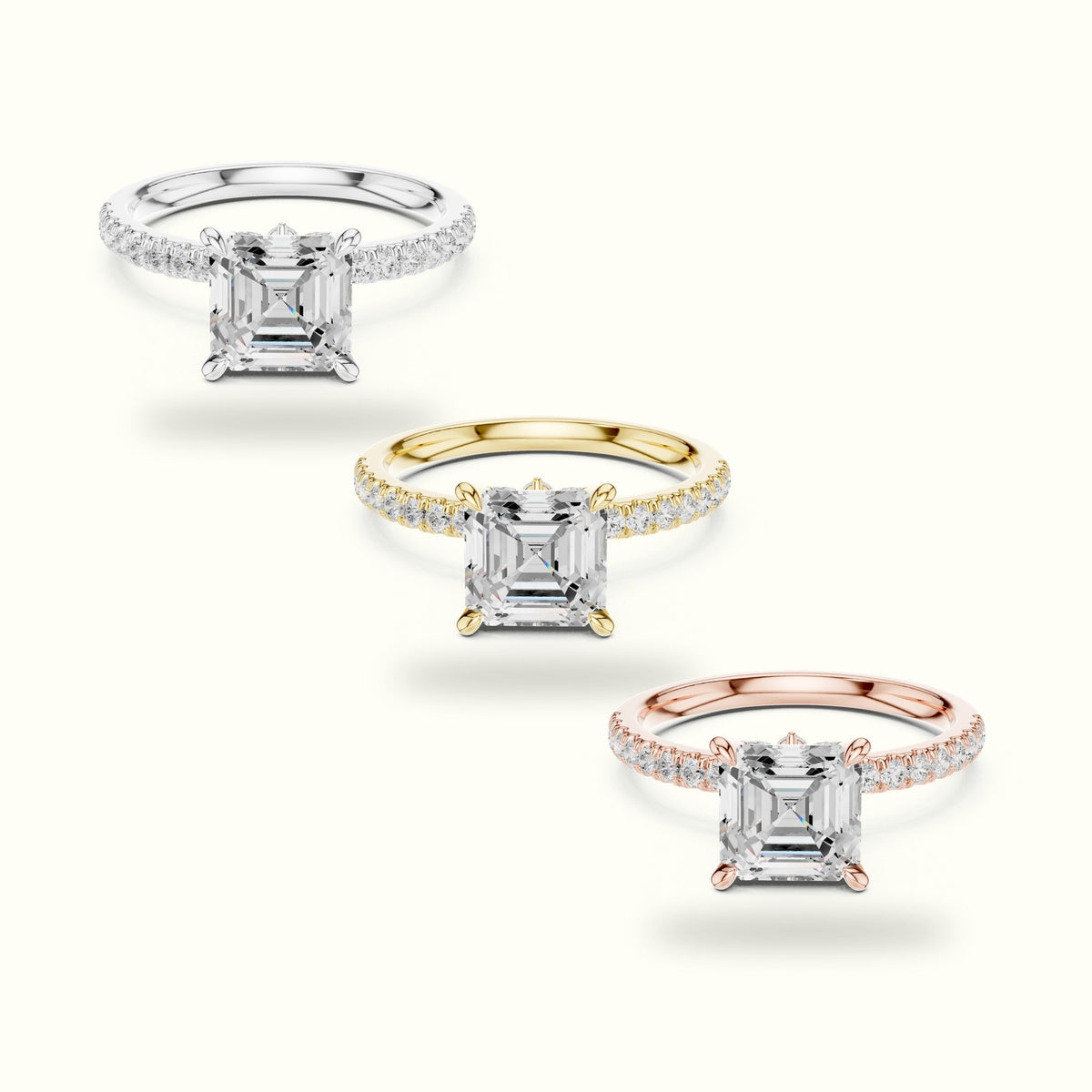 Asscher Cross-Over Hidden Halo Pavé Engagement Ring — Yellow gold, front view | Crystal N Cuts
