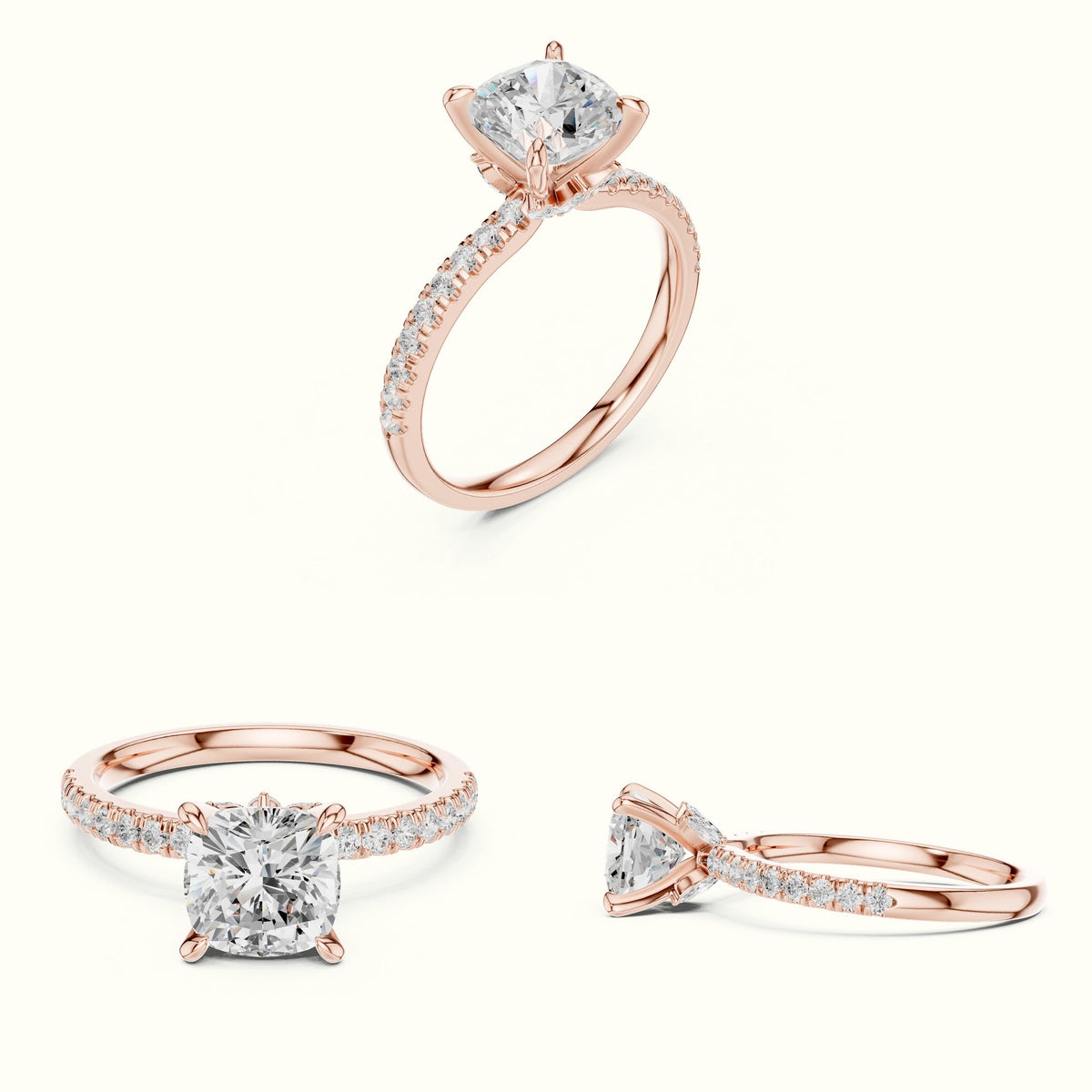 Cushion Cross-Over Hidden Halo Pavé Engagement Ring — Rose gold, on the hand | Crystal N Cuts