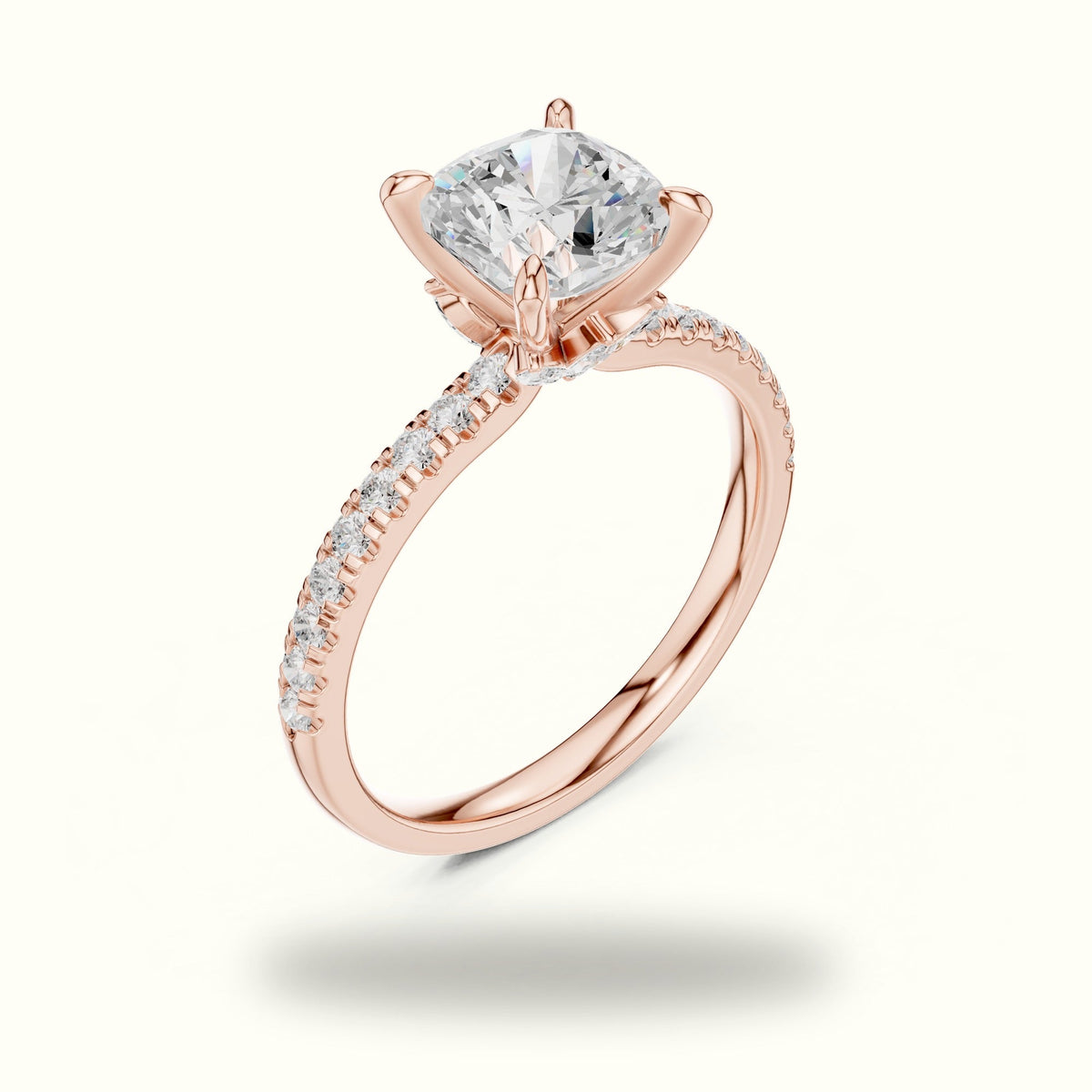 Cushion Cross-Over Hidden Halo Pavé Engagement Ring — Rose gold, view 2 | Crystal N Cuts
