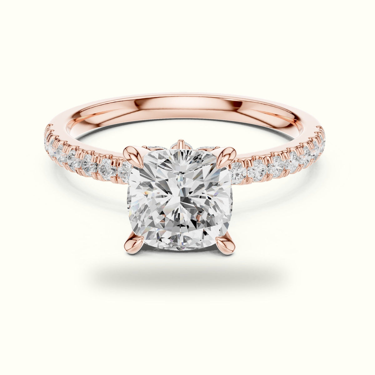 Cushion Cross-Over Hidden Halo Pavé Engagement Ring — Rose gold, front view | Crystal N Cuts