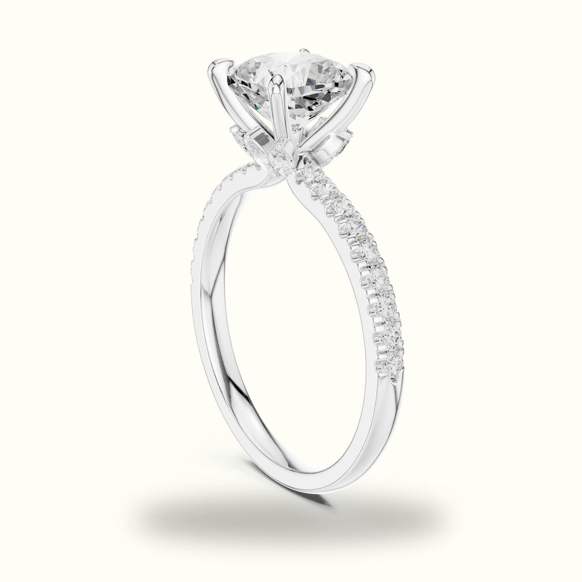 Cushion Cross-Over Hidden Halo Pavé Engagement Ring — White gold, view 1 | Crystal N Cuts