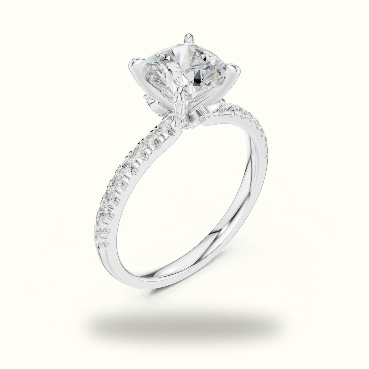 Cushion Cross-Over Hidden Halo Pavé Engagement Ring — White gold, view 2 | Crystal N Cuts
