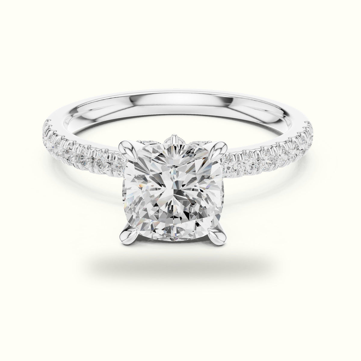 Cushion Cross-Over Hidden Halo Pavé Engagement Ring — White gold, front view | Crystal N Cuts