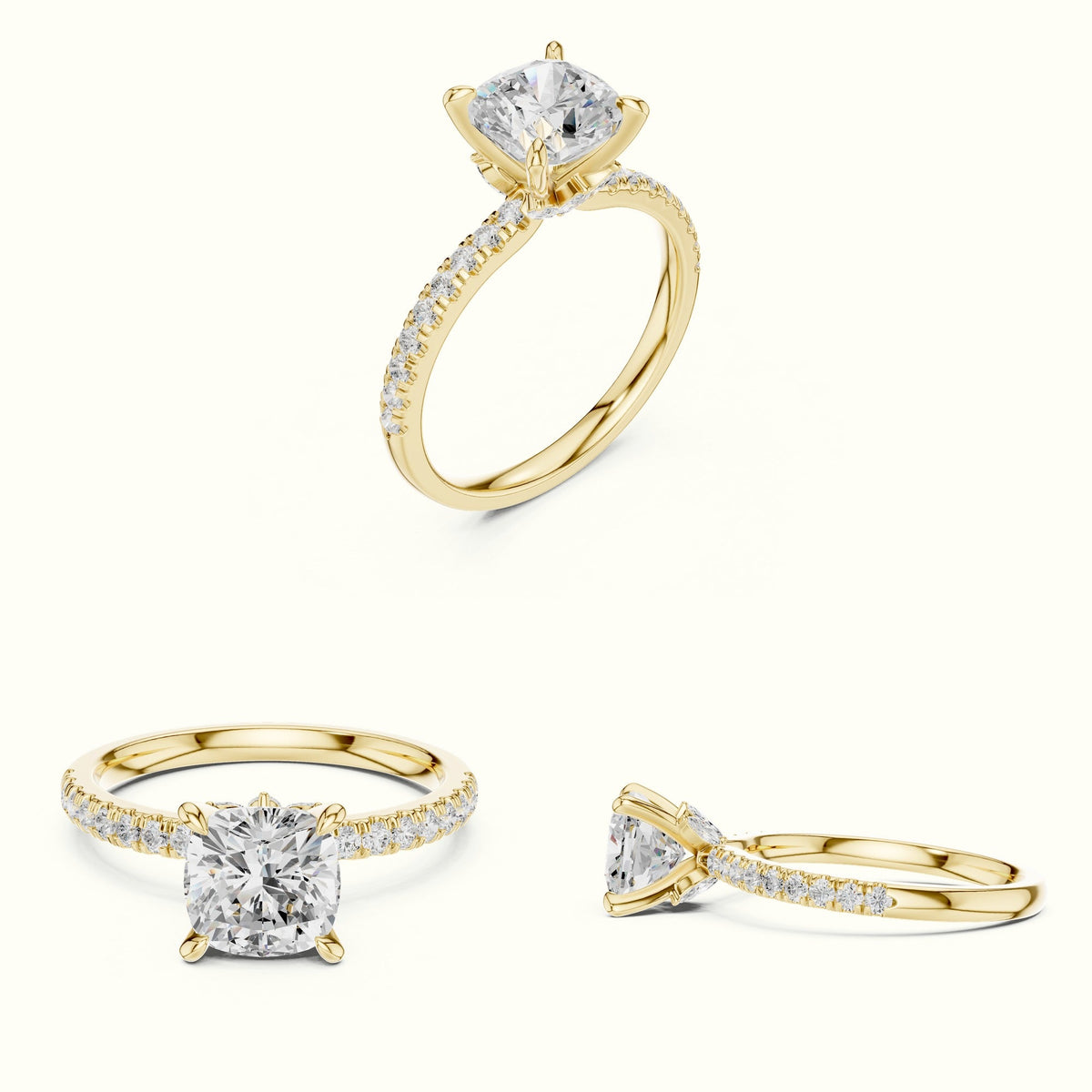 Cushion Cross-Over Hidden Halo Pavé Engagement Ring — Yellow gold, on the hand | Crystal N Cuts