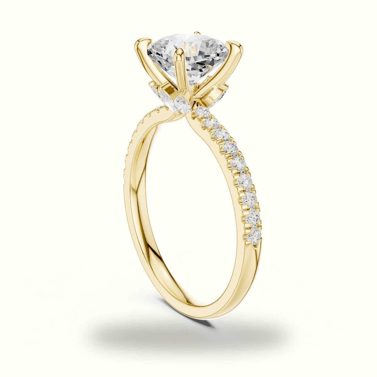 Cushion Cross-Over Hidden Halo Pavé Engagement Ring — Yellow gold, view 1 | Crystal N Cuts
