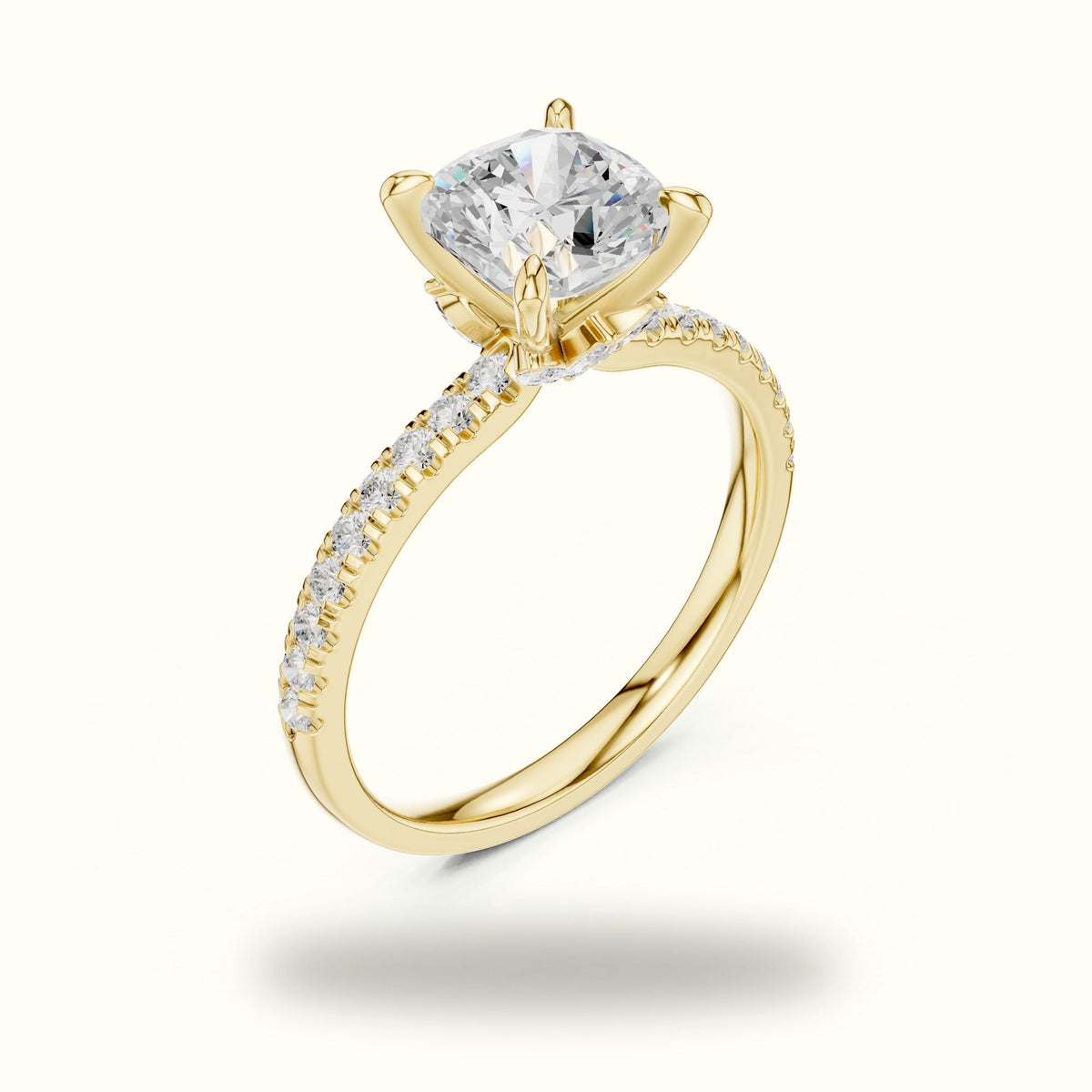 Cushion Cross-Over Hidden Halo Pavé Engagement Ring — Yellow gold, view 2 | Crystal N Cuts