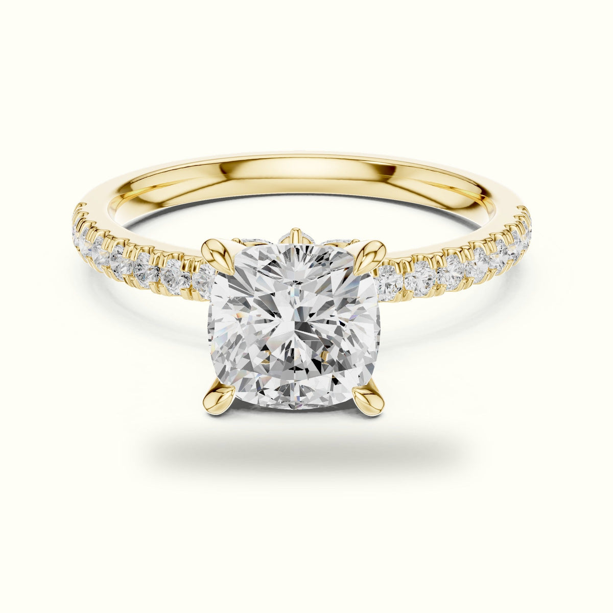 Cushion Cross-Over Hidden Halo Pavé Engagement Ring — Yellow gold, front view | Crystal N Cuts