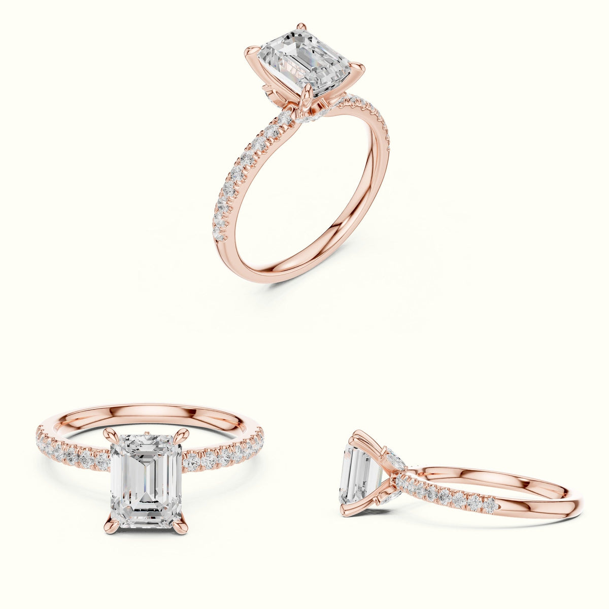 Emerald Cross-Over Hidden Halo Pavé Engagement Ring — Rose gold, on the hand | Crystal N Cuts