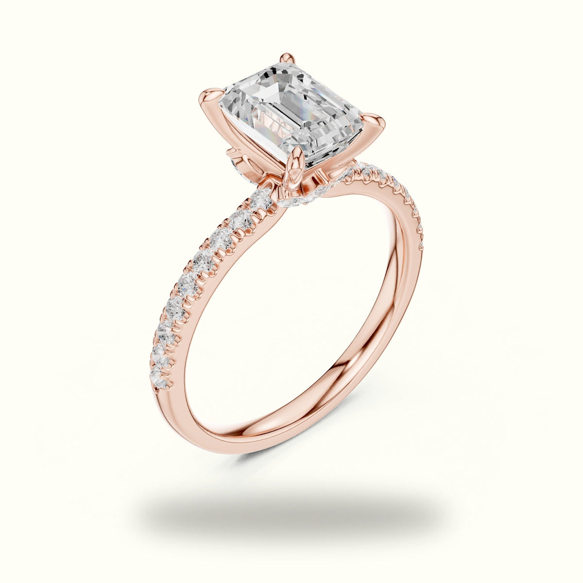 Emerald Cross-Over Hidden Halo Pavé Engagement Ring — Rose gold, view 2 | Crystal N Cuts