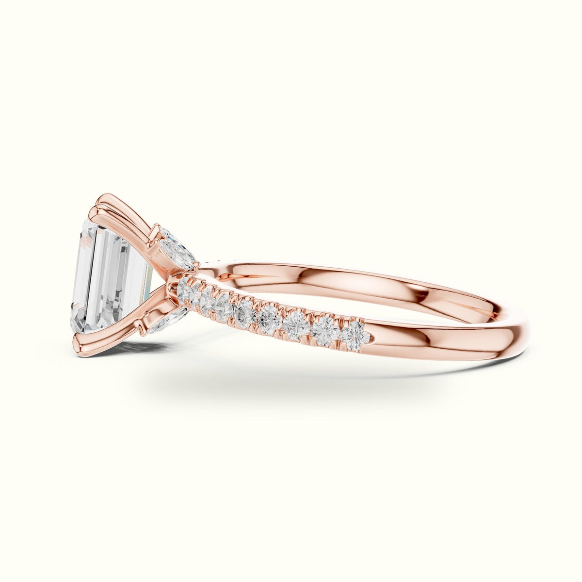 Emerald Cross-Over Hidden Halo Pavé Engagement Ring — Rose gold, view 3 | Crystal N Cuts