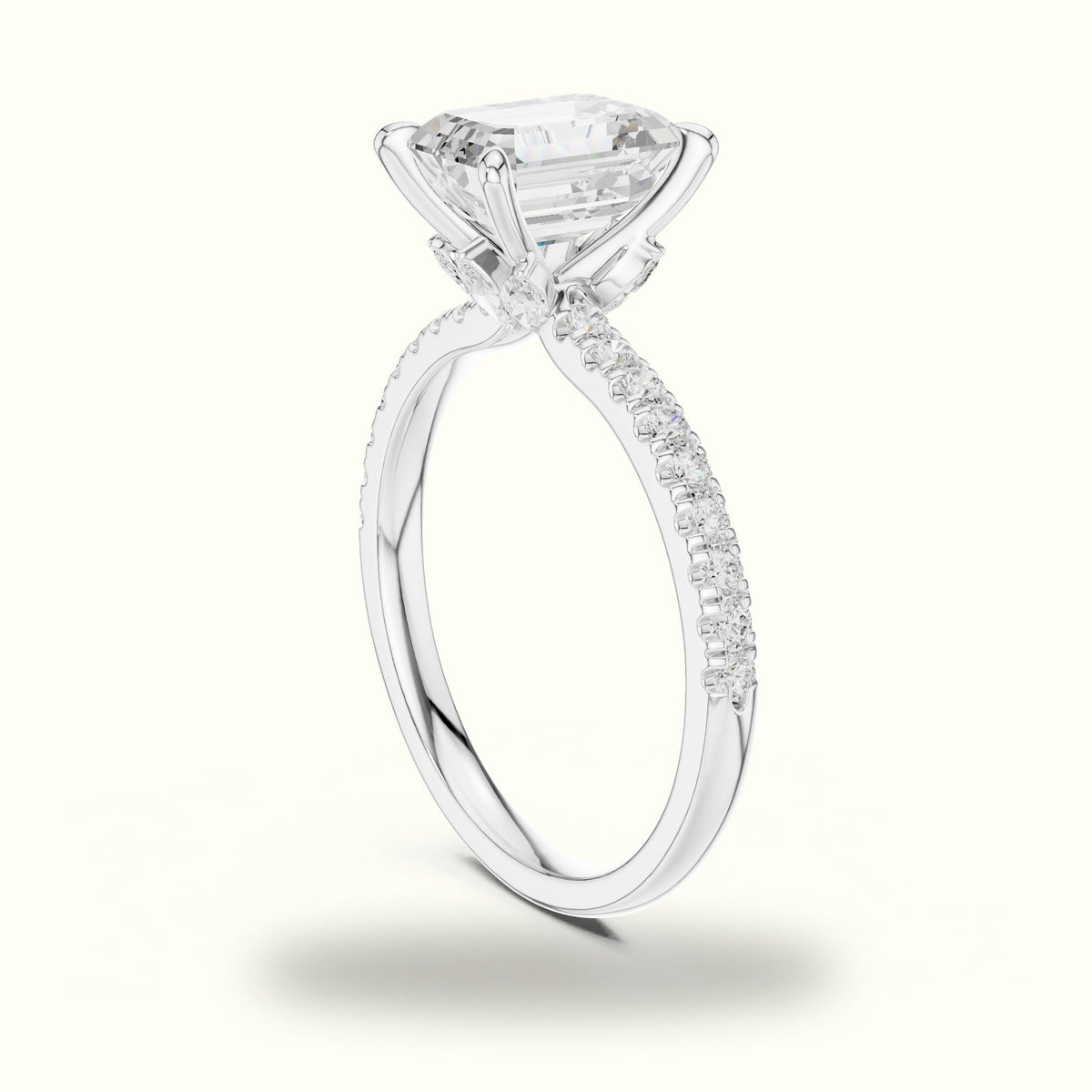 Emerald Cross-Over Hidden Halo Pavé Engagement Ring — White gold, view 1 | Crystal N Cuts
