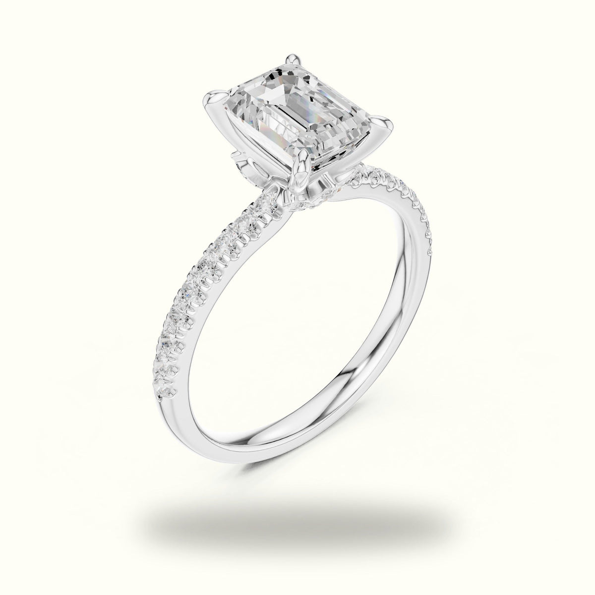 Emerald Cross-Over Hidden Halo Pavé Engagement Ring — White gold, view 2 | Crystal N Cuts