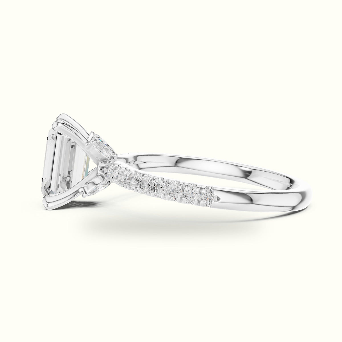 Emerald Cross-Over Hidden Halo Pavé Engagement Ring — White gold, view 3 | Crystal N Cuts