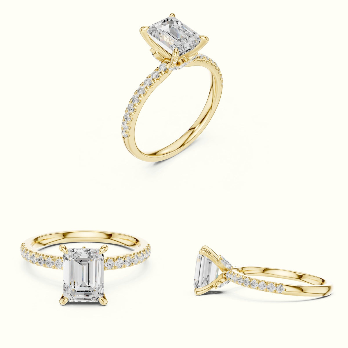 Emerald Cross-Over Hidden Halo Pavé Engagement Ring — Yellow gold, on the hand | Crystal N Cuts