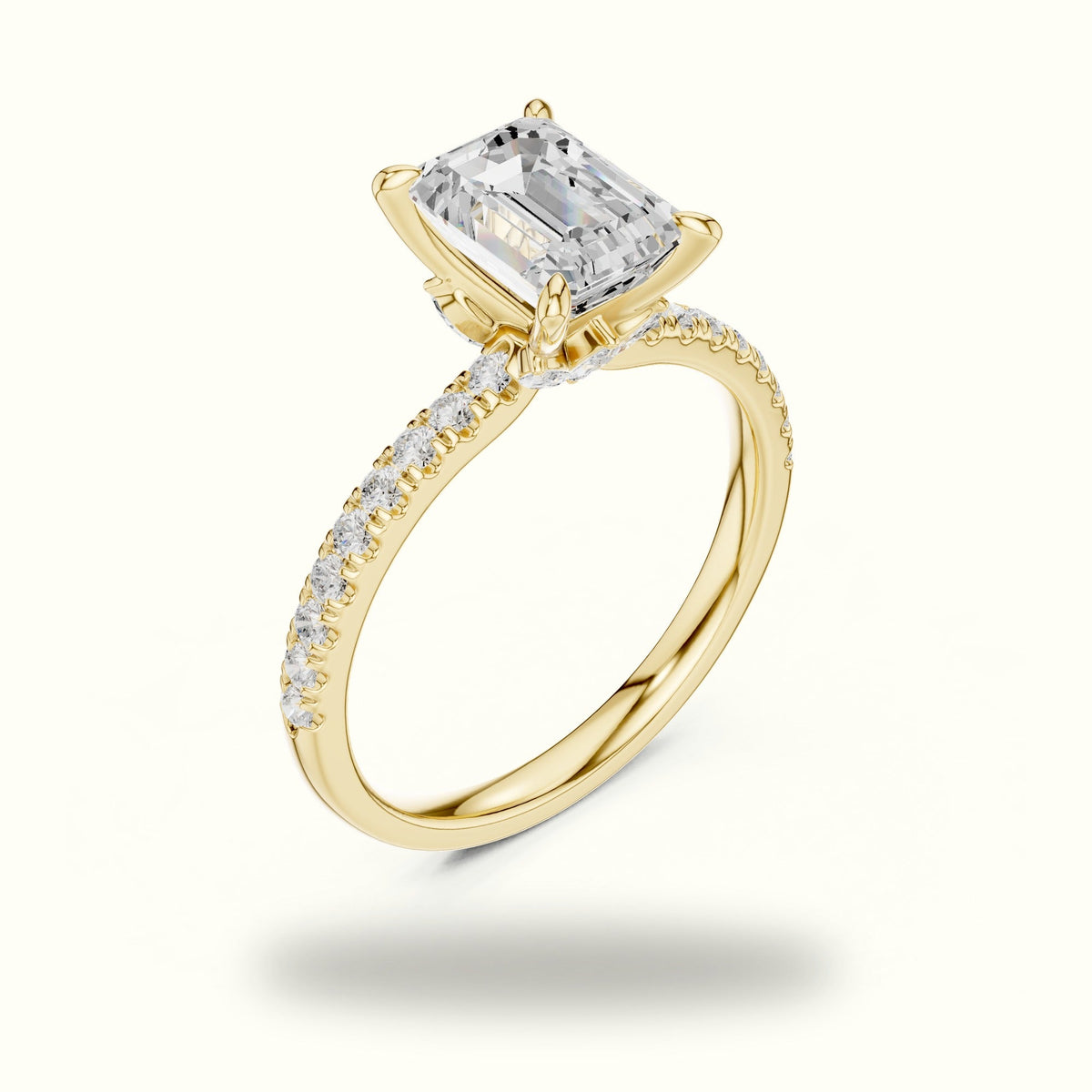 Emerald Cross-Over Hidden Halo Pavé Engagement Ring — Yellow gold, view 2 | Crystal N Cuts