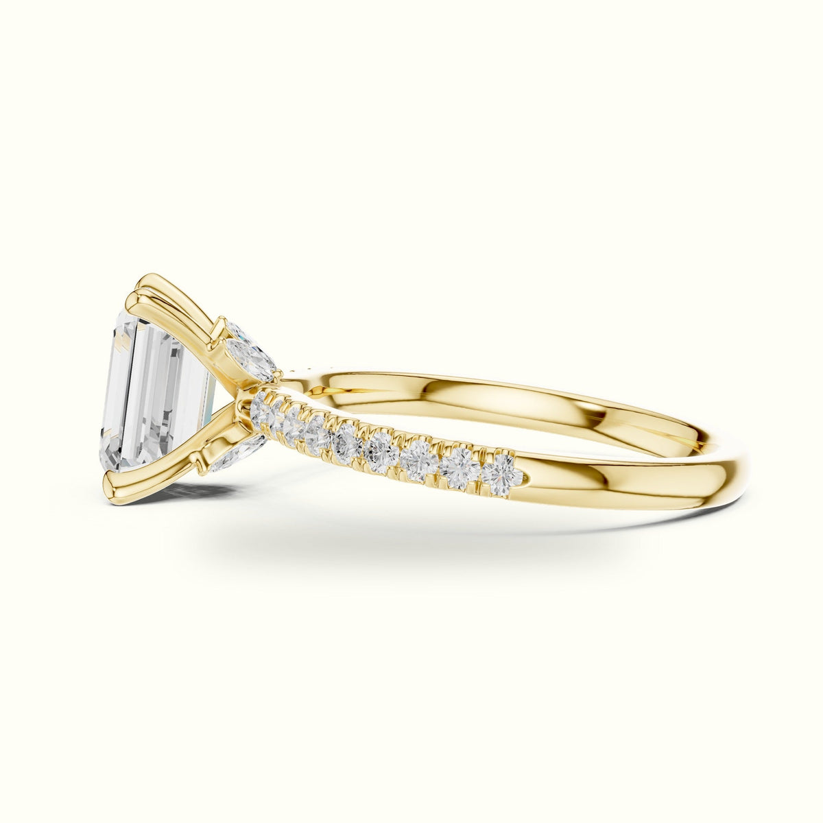 Emerald Cross-Over Hidden Halo Pavé Engagement Ring — Yellow gold, view 3 | Crystal N Cuts