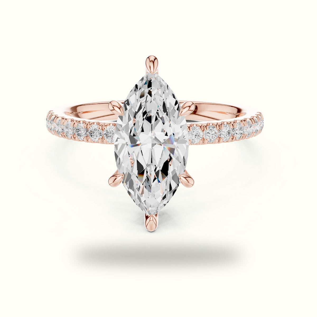 Marquise Cross-Over Hidden Halo Pavé Engagement Ring — Rose gold, front view | Crystal N Cuts