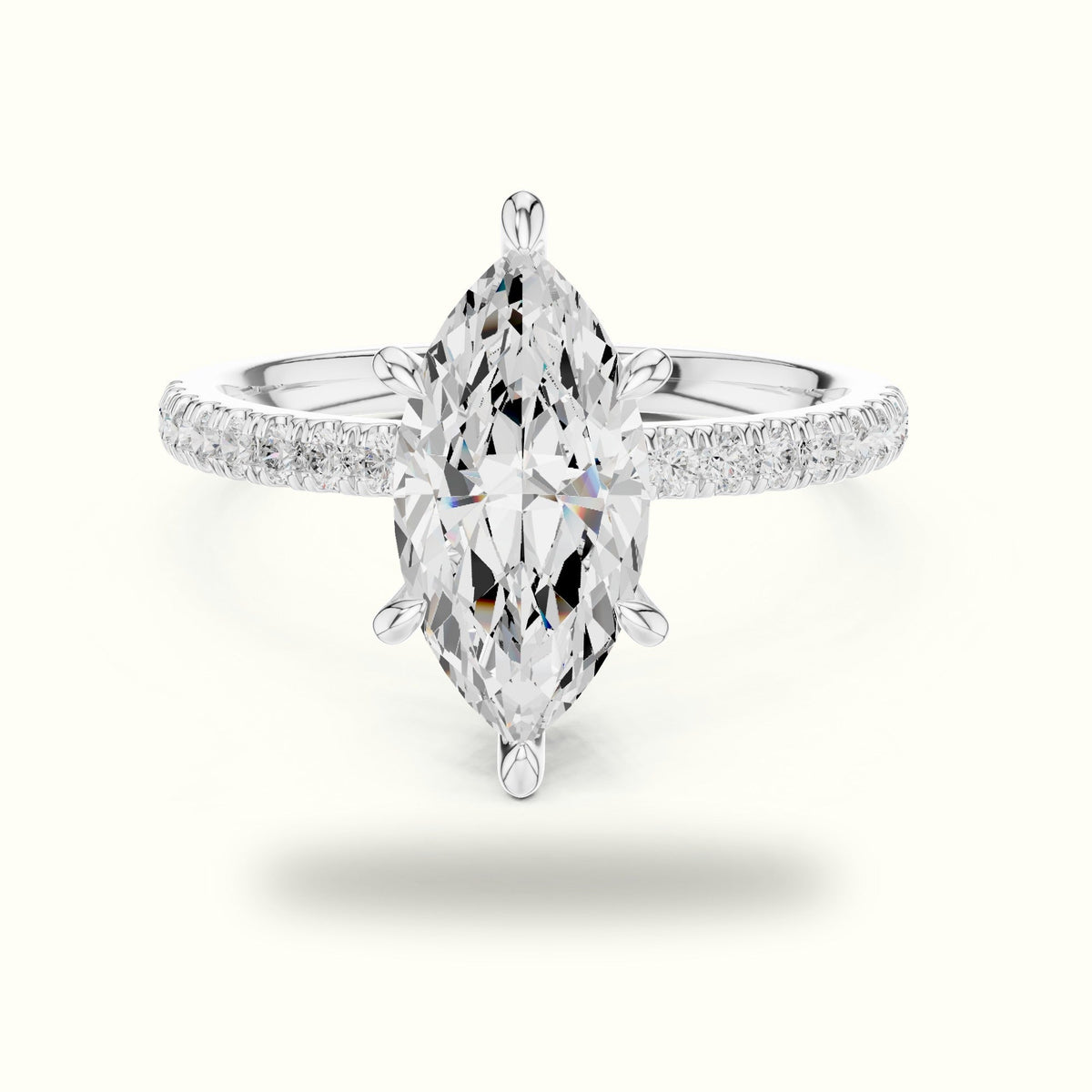 Marquise Cross-Over Hidden Halo Pavé Engagement Ring — White gold, front view | Crystal N Cuts