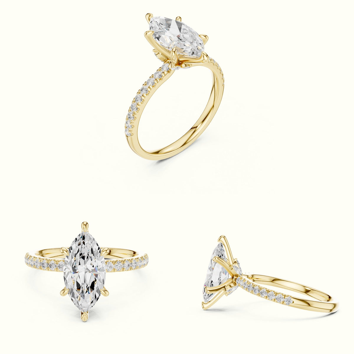 Marquise Cross-Over Hidden Halo Pavé Engagement Ring — Yellow gold, on the hand | Crystal N Cuts