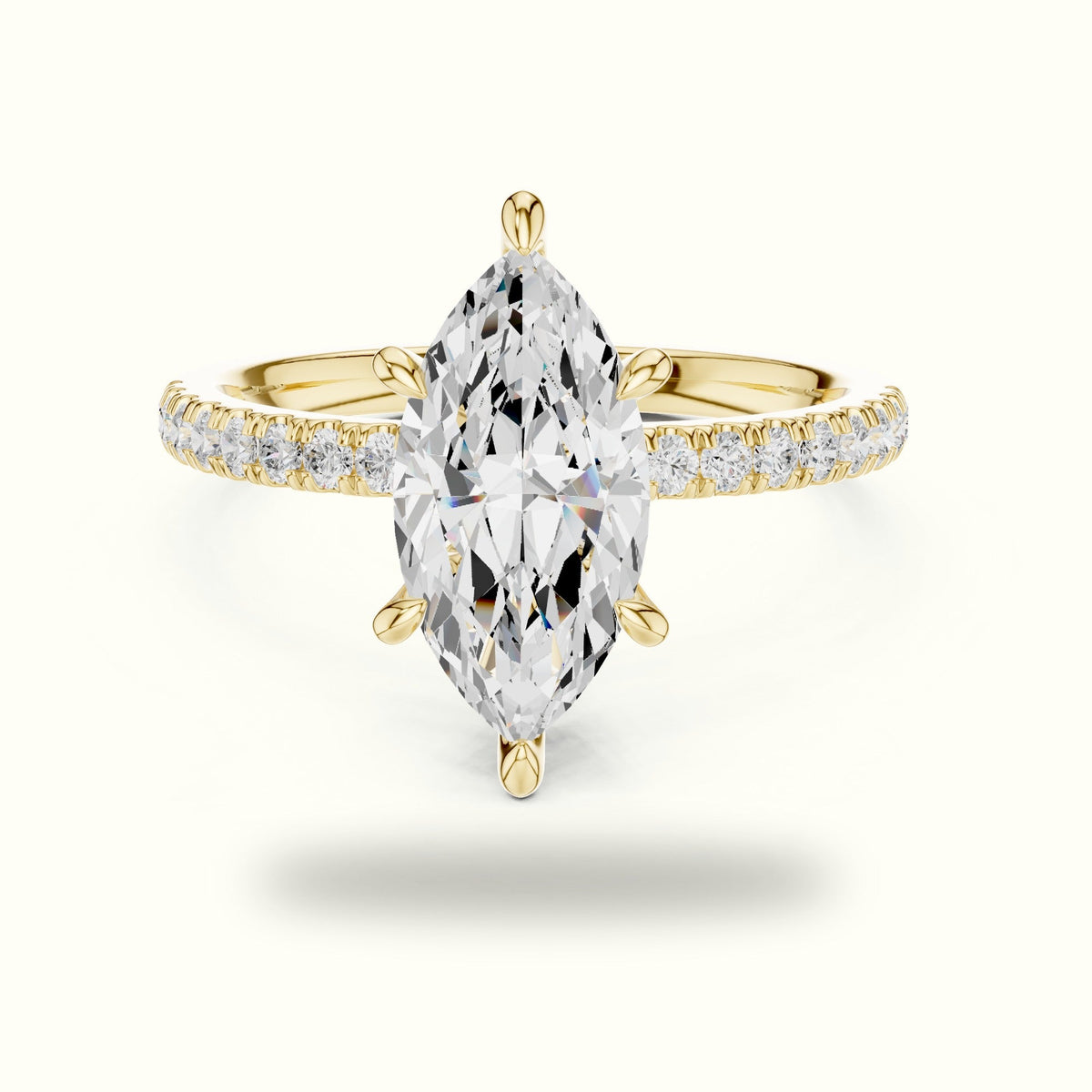 Marquise Cross-Over Hidden Halo Pavé Engagement Ring — Yellow gold, front view | Crystal N Cuts