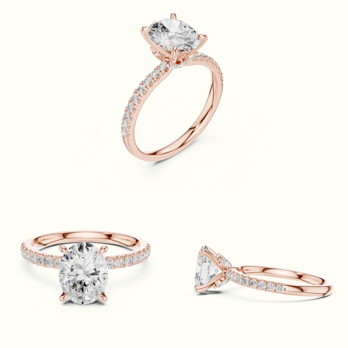 Oval Cross-Over Hidden Halo Pavé Engagement Ring — Rose gold, on the hand | Crystal N Cuts