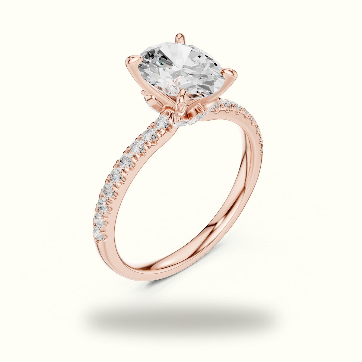 Oval Cross-Over Hidden Halo Pavé Engagement Ring — Rose gold, view 2 | Crystal N Cuts