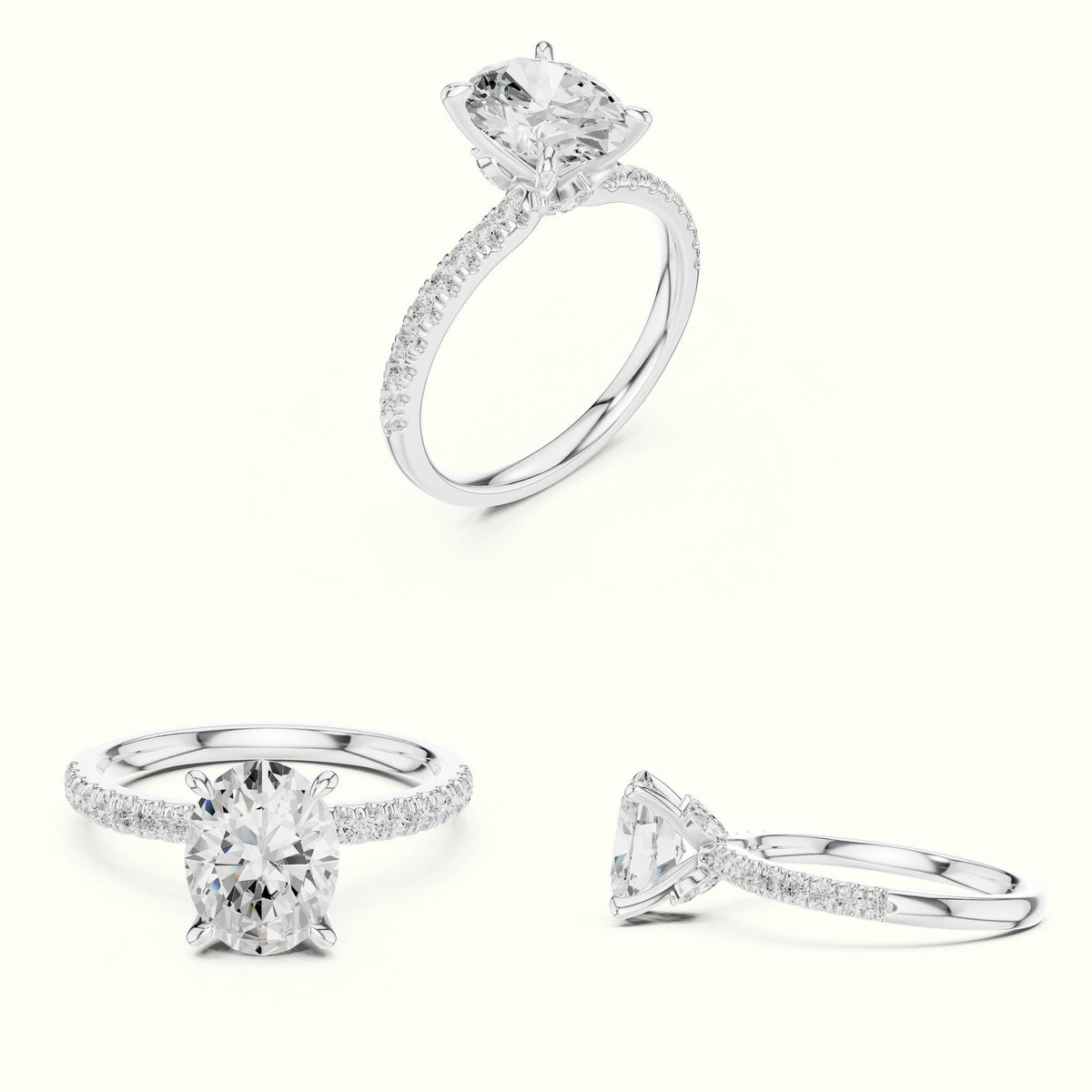 Oval Cross-Over Hidden Halo Pavé Engagement Ring — White gold, on the hand | Crystal N Cuts