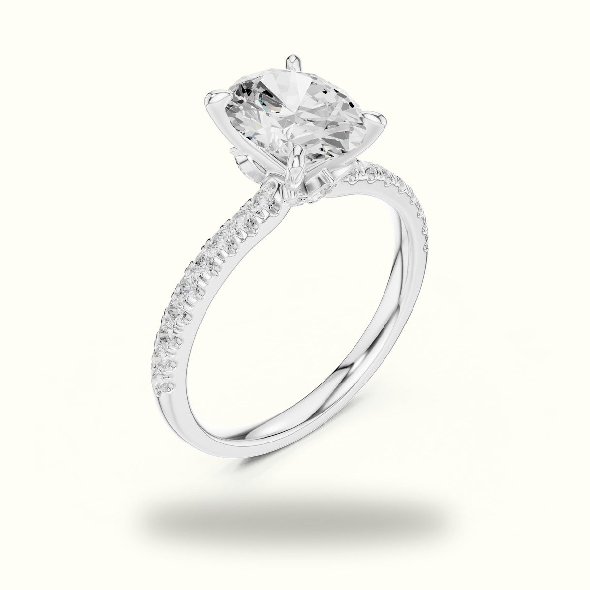 Oval Cross-Over Hidden Halo Pavé Engagement Ring — White gold, view 2 | Crystal N Cuts
