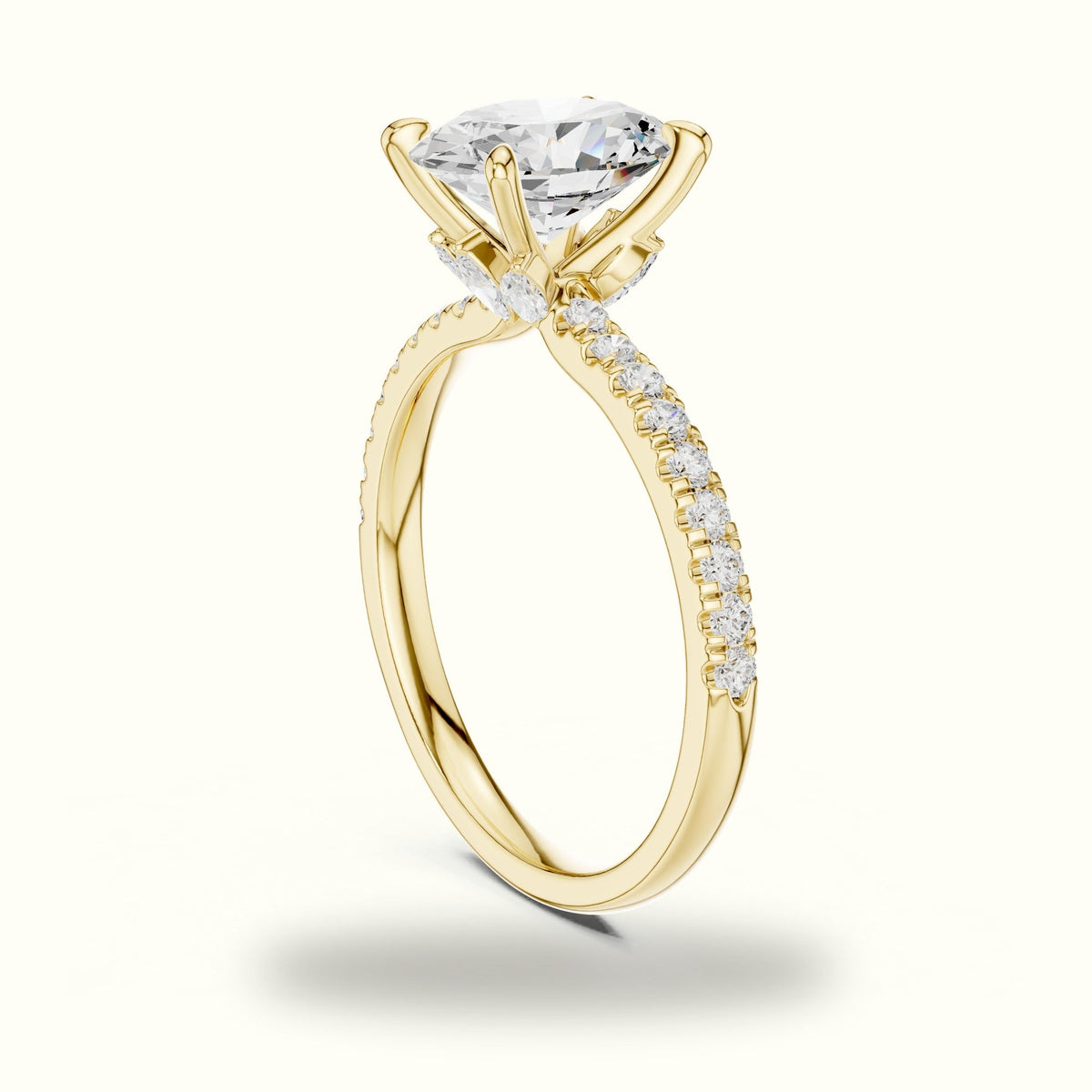 Oval Cross-Over Hidden Halo Pavé Engagement Ring — Yellow gold, view 1 | Crystal N Cuts