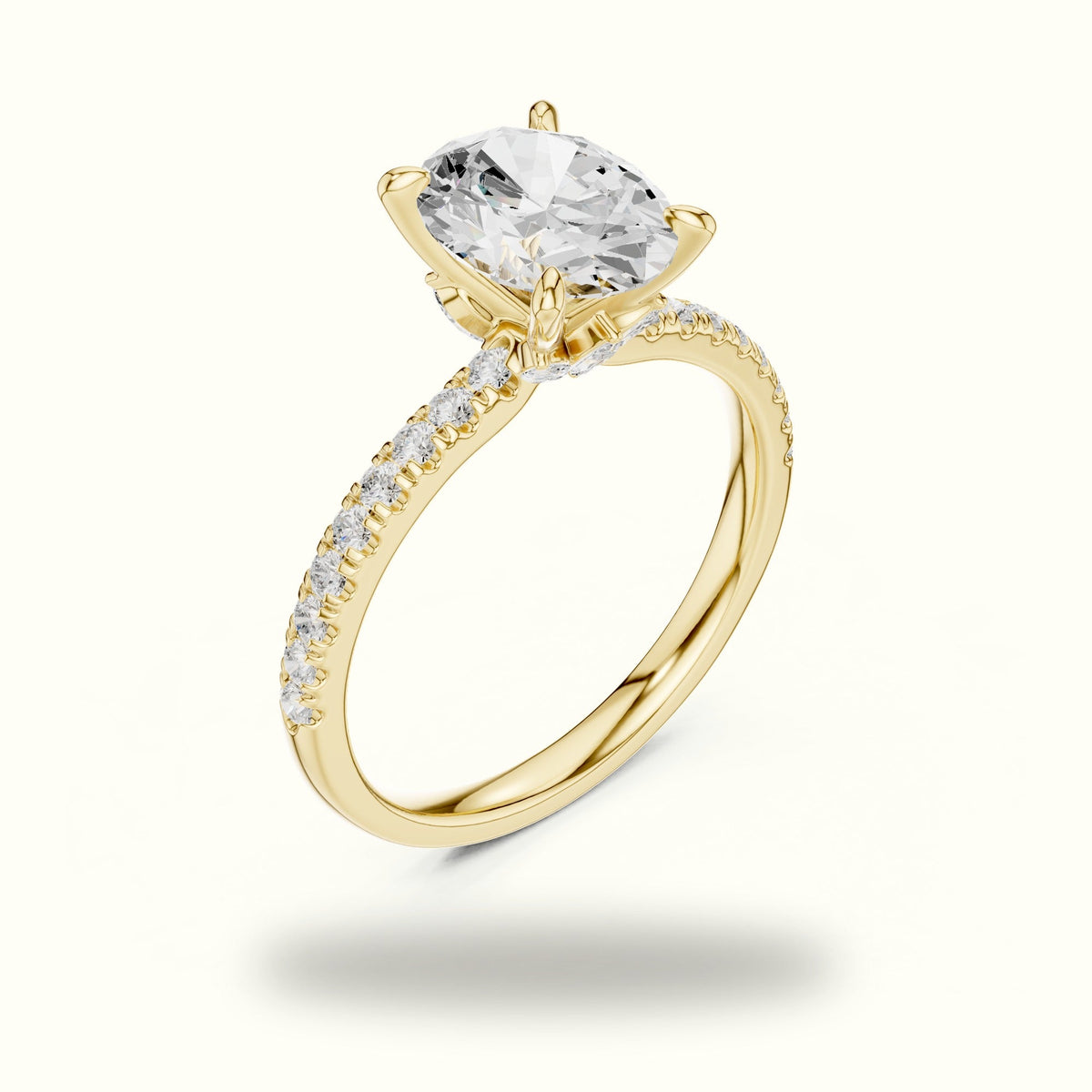 Oval Cross-Over Hidden Halo Pavé Engagement Ring — Yellow gold, view 2 | Crystal N Cuts