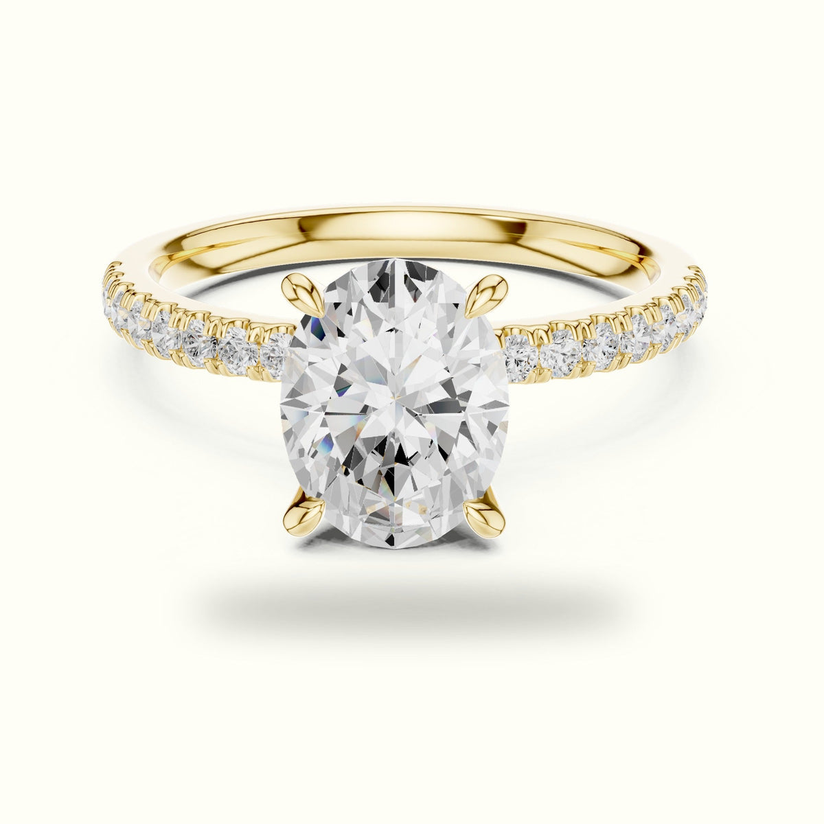 Oval Cross-Over Hidden Halo Pavé Engagement Ring — Yellow gold, front view | Crystal N Cuts