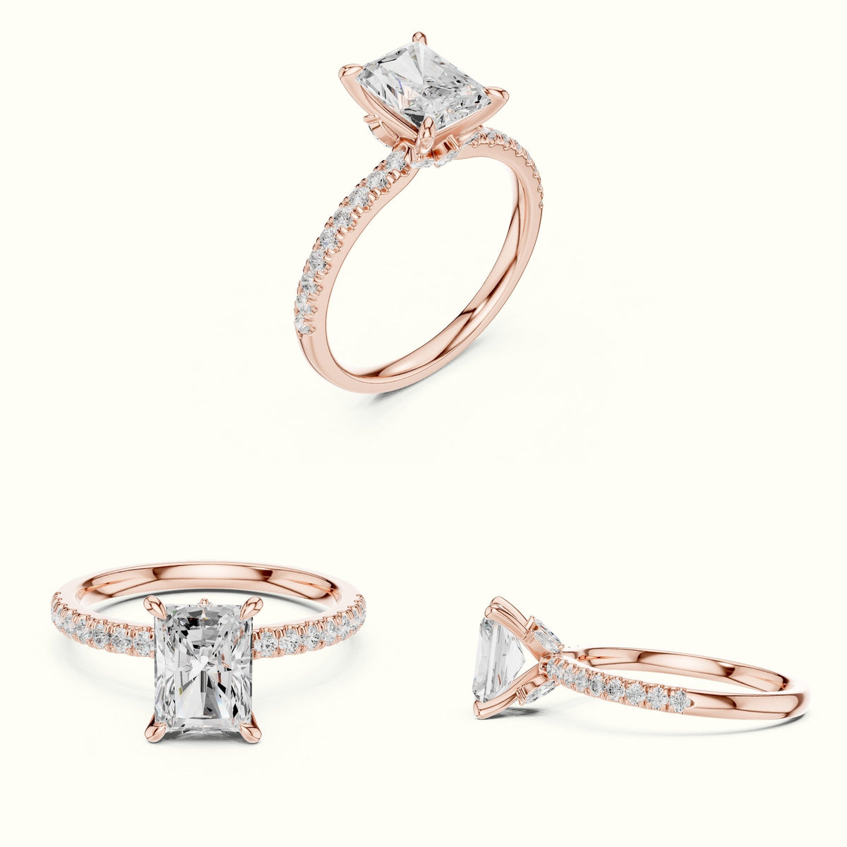 Radiant Cross-Over Hidden Halo Pavé Engagement Ring — Rose gold, on the hand | Crystal N Cuts