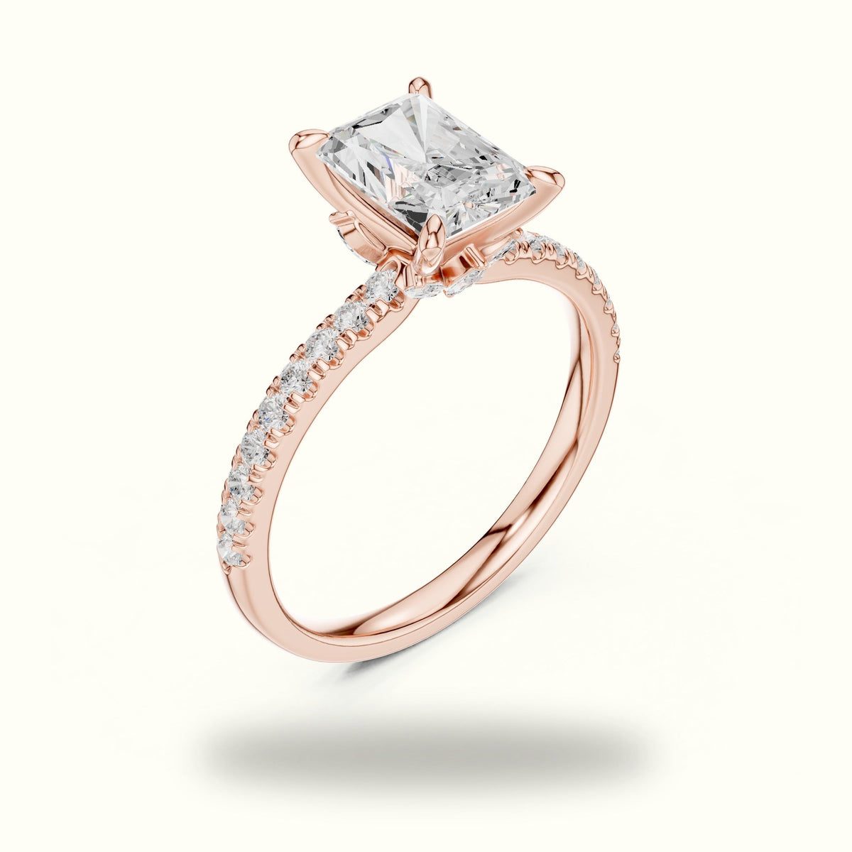 Radiant Cross-Over Hidden Halo Pavé Engagement Ring — Rose gold, view 2 | Crystal N Cuts