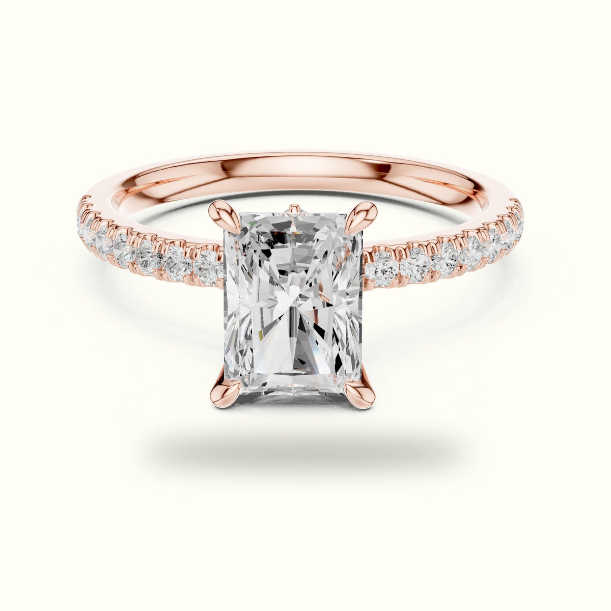 Radiant Cross-Over Hidden Halo Pavé Engagement Ring — Rose gold, front view | Crystal N Cuts