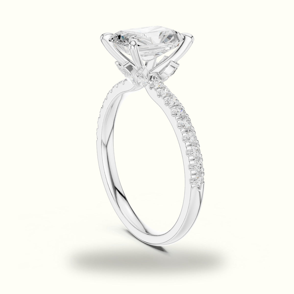 Radiant Cross-Over Hidden Halo Pavé Engagement Ring — White gold, view 1 | Crystal N Cuts