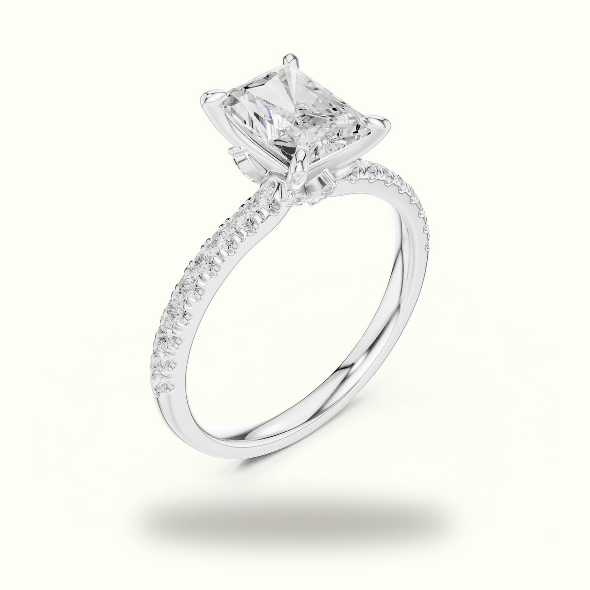 Radiant Cross-Over Hidden Halo Pavé Engagement Ring — White gold, view 2 | Crystal N Cuts