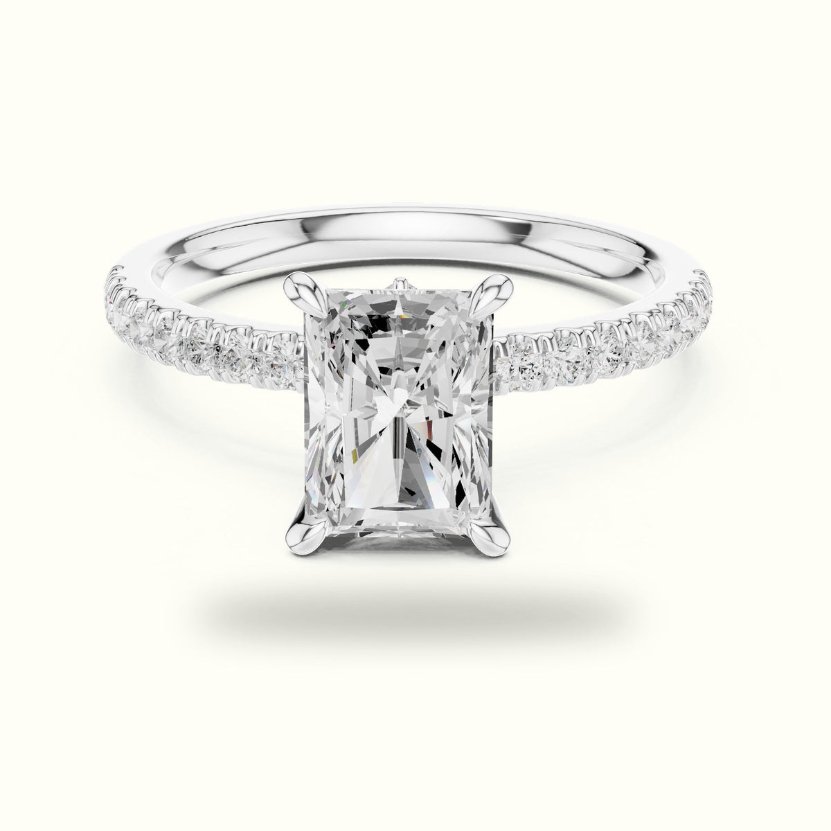 Radiant Cross-Over Hidden Halo Pavé Engagement Ring — White gold, front view | Crystal N Cuts