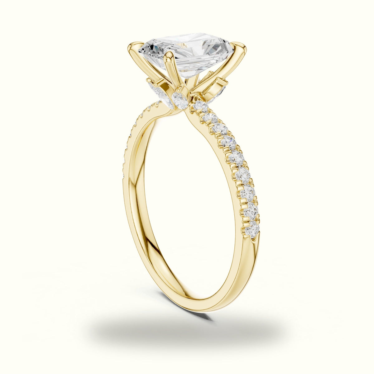 Radiant Cross-Over Hidden Halo Pavé Engagement Ring — Yellow gold, view 1 | Crystal N Cuts