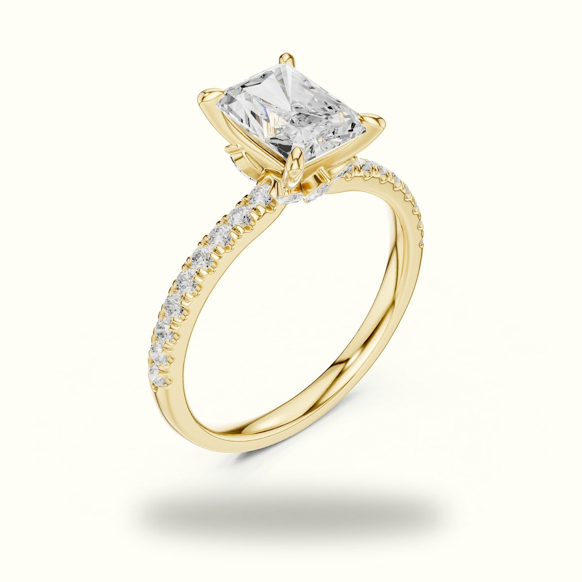 Radiant Cross-Over Hidden Halo Pavé Engagement Ring — Yellow gold, view 2 | Crystal N Cuts